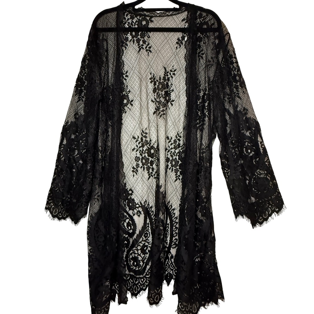Black Floral Lace Sheer Kimono Duster Bell Sleeve Cover Up Boho Romantic